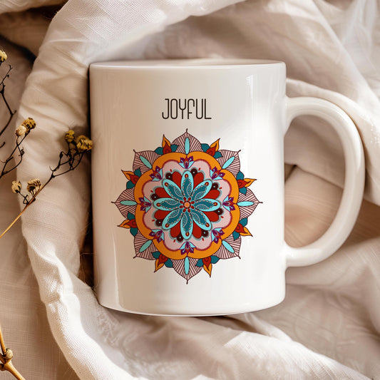 Mandala Mug, Joyful Tea Cup, Gift for Yoga Enthusiast, Ceramic Mug 11 Oz, Harmony Lover Mug, Joyful Mandala Gift, Coffee Lover Gift